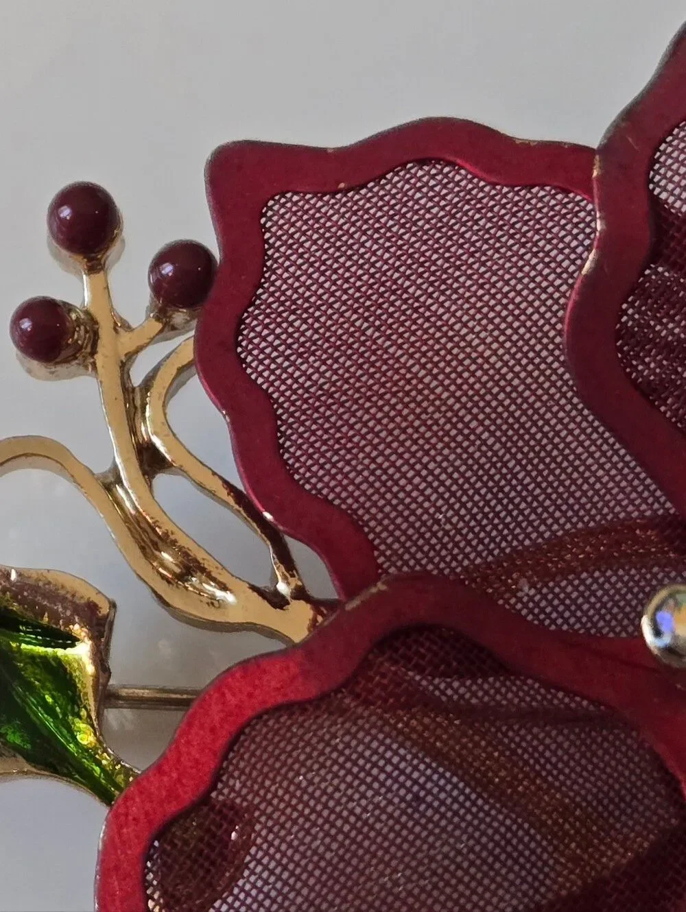 KENNETH COLE Red Floral Brooch with Rhinestone Center